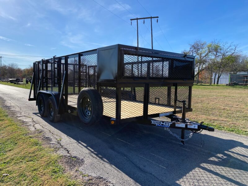 2025 TOP HAT 83″ X 16′ TANDEM AXLE LANDSCAPE TRAILER WITH WEEDEATER RACKS, TOOL CAGE AND SPARE