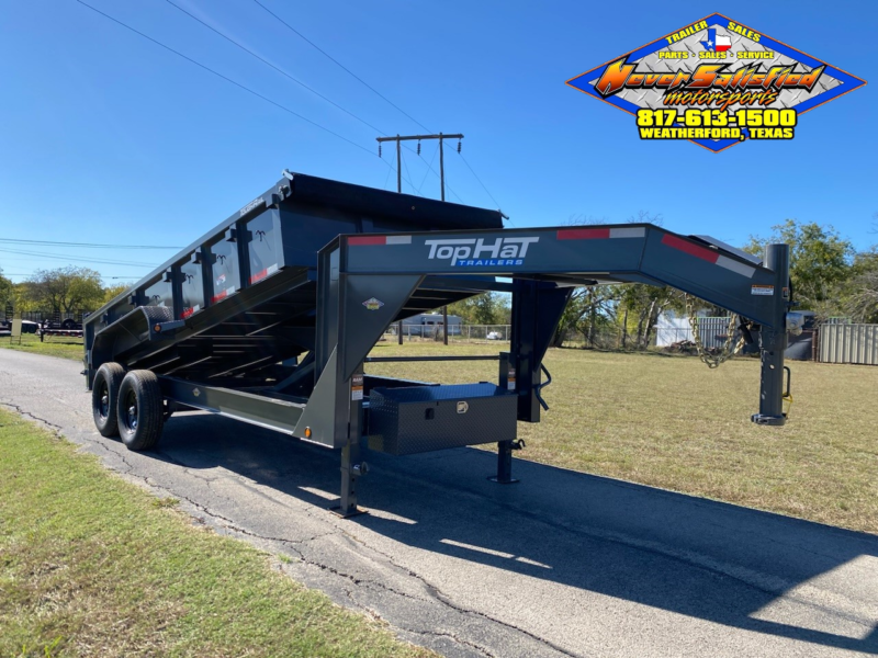2025 TOP HAT 83" X 16' LOW PROFILE GOOSENECK DUMP TRAILER WITH TARP, RAMPS AND SPARE GREY 14,000 GVWR