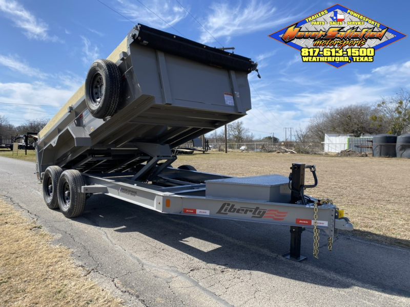 2025 LIBERTY 83" X 14' DUMP TRAILER WITH TARP, RAMPS AND SPARE 15,400 GVWR GREY