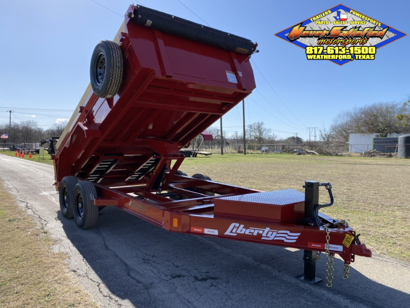 2025 LIBERTY 83" X 14' DUMP TRAILER WITH TARP, RAMPS AND SPARE 15,400 GVWR RED