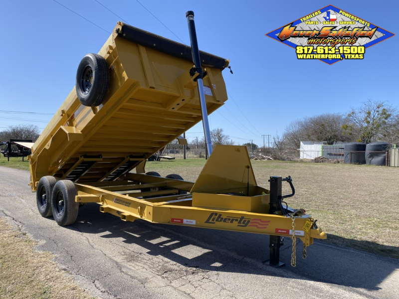 2025 LIBERTY 83" X 14' TELESCOPING DUMP TRAILER WITH TARP, RAMPS AND SPARE 15,400 GVWR CATERPILLAR YELLOW