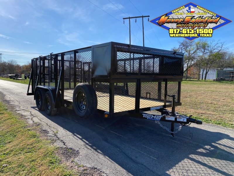 2025 TOP HAT 83″ X 16′ TANDEM AXLE LANDSCAPE TRAILER WITH WEEDEATER RACKS, TOOL CAGE AND SPARE