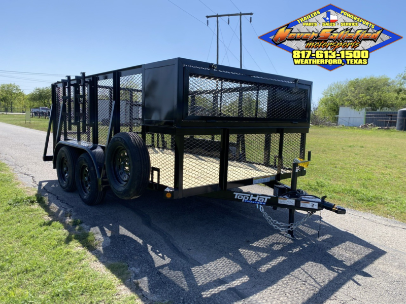 2025 TOP HAT 83″ X 12′ TANDEM AXLE LANDSCAPE TRAILER WITH WEEDEATER RACKS, TOOL CAGE AND SPARE
