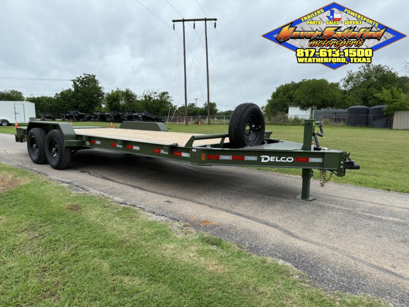 2025 DELCO 83" X 20' BUMPER PULL EQUIPMENT TRAILER WITH MONSTER RAMPS, SPARE ARMY GREEN 14,000 GVWR