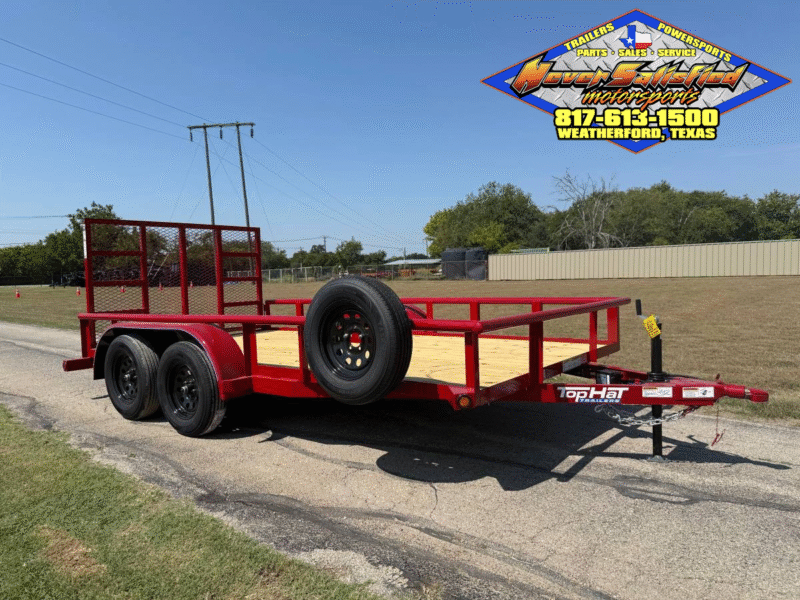 2026 TOP HAT 83″ X 14′ PIPE TOP UTILITY TRAILER WITH 4′ SPRING ASSIST RAMP GATE, SPARE 7k-GVWR-RED