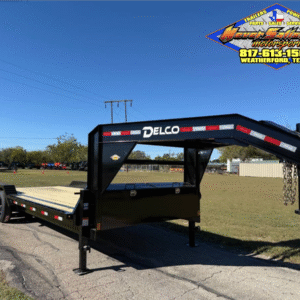 2026 DELCO 102" X 24' GOOSENECK FLATBED TRAILER W/DRIVE OVER FENDERS, SLIDE IN RAMPS, AND SPARE 14K-GVWR