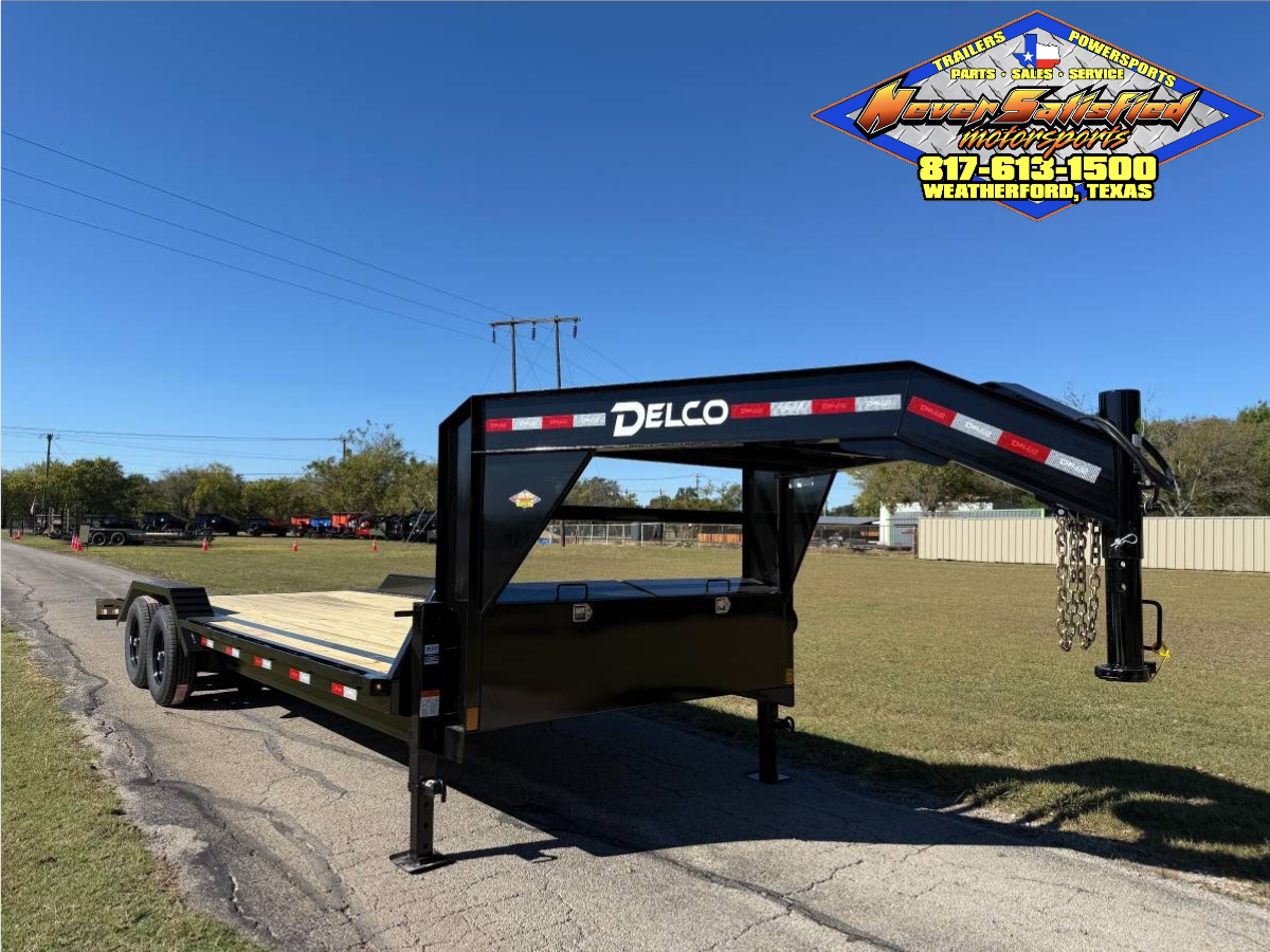 2026 DELCO 102" X 24' GOOSENECK FLATBED TRAILER W/DRIVE OVER FENDERS, SLIDE IN RAMPS, AND SPARE 14K-GVWR
