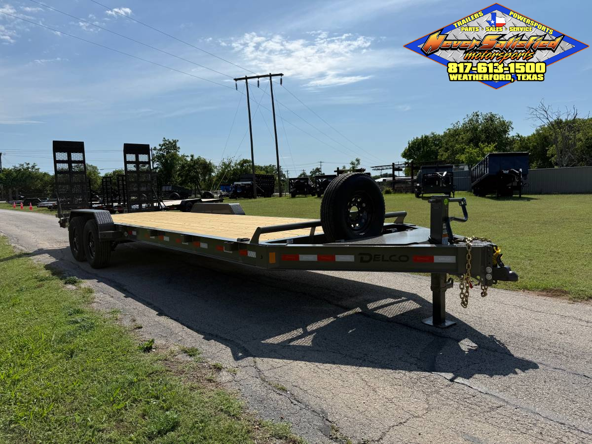 2026 DELCO 83″ X 24′ EQUIPMENT TRAILER WITH STAND UP RAMPS & SPARE FORD MARSH GRAY 14K-GVWR