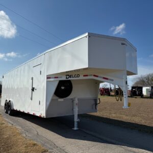 2026 DELCO 8' X 24' ALL STEEL GOOSENECK CARGO TRAILER WITH SIDE DOOR, RAMP DOOR AND SPARE 14,000 GVWR