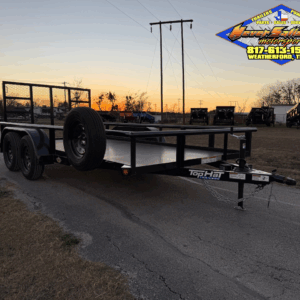 PRE-OWNED 2026 TOP HAT 83″ X 14′ PIPE TOP UTILITY TRAILER WITH STEEL FLOOR, 4' RAMP GATE, SPARE 7,000 GVWR