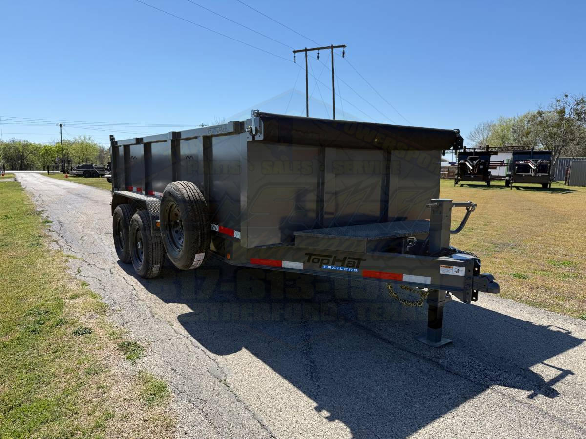 2026 TOP HAT 83" X 14' LOW PROFILE DUMP TRAILER WITH 3' SIDEWALLS, TARP, RAMPS AND SPARE 14,000 GVWR GREY - Image 3